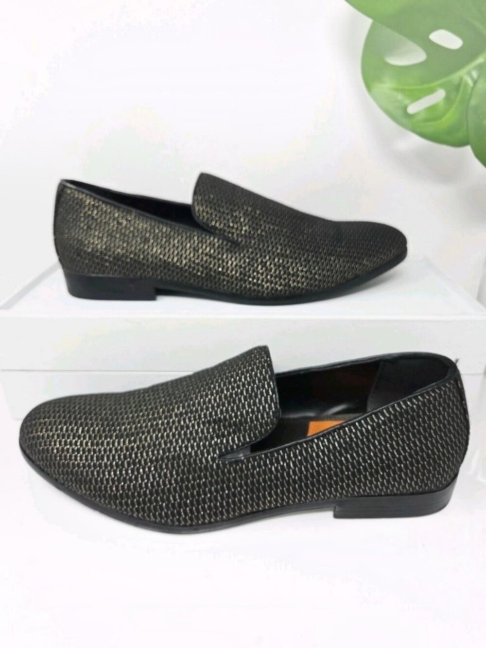 Talia Tedaldo Men’s 10 Black Gold Textured Loafers Slip On Luxury Dress Shoes